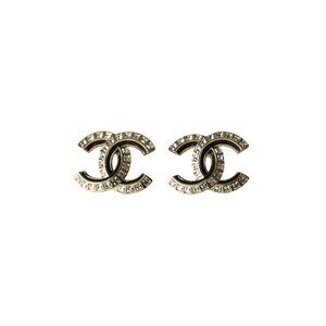 Chanel CC Crystal Strass Stud Earrings Black Gold